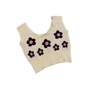 Bailey Rose Knit Crop Top Tank With Pink Black Daisy Flowers Size XS Cream